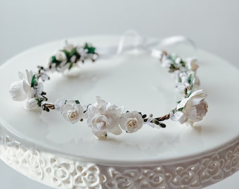 Handcrafted Elegant White Rose Flower Crown, Small Floral Hair Wreath Accessory, Boho Flower Girl Headband, First Communion Garden Garland