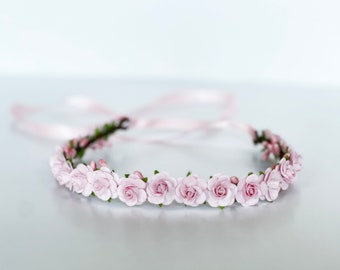 Handcrafted Pastel Pink Rose Flower Crown, Flower Girl Halo, Small Floral Headband Spring Bridal Wedding Hair Accessory Boho Chic Bridesmaid