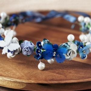 Handcrafted Resilient Blue Butterfly Floral Crown, Woodland Flower Headband, Whimsical Pearl Bridal Hair Accessory, Fantasy Fairy Costume