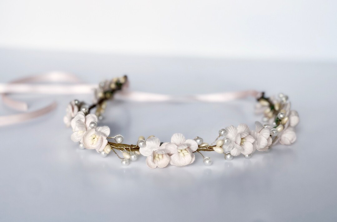 Handcrafted Blush Pink Cherry Blossom Flower Girl Crown Pearl Etsy