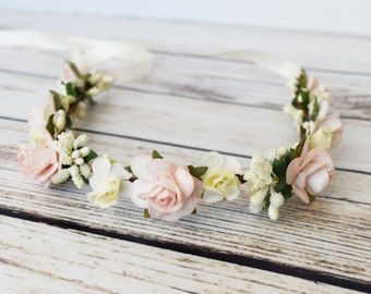 Handcrafted Blush and Ivory Wedding Hair, Small Bridal Flower Crown, Flower Girl Halo, Light Pink Rose Headband, Girls Floral Hair Accessory