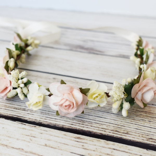 Handcrafted Blush and Ivory Wedding Hair, Small Bridal Flower Crown, Flower Girl Halo, Light Pink Rose Headband, Girls Floral Hair Accessory