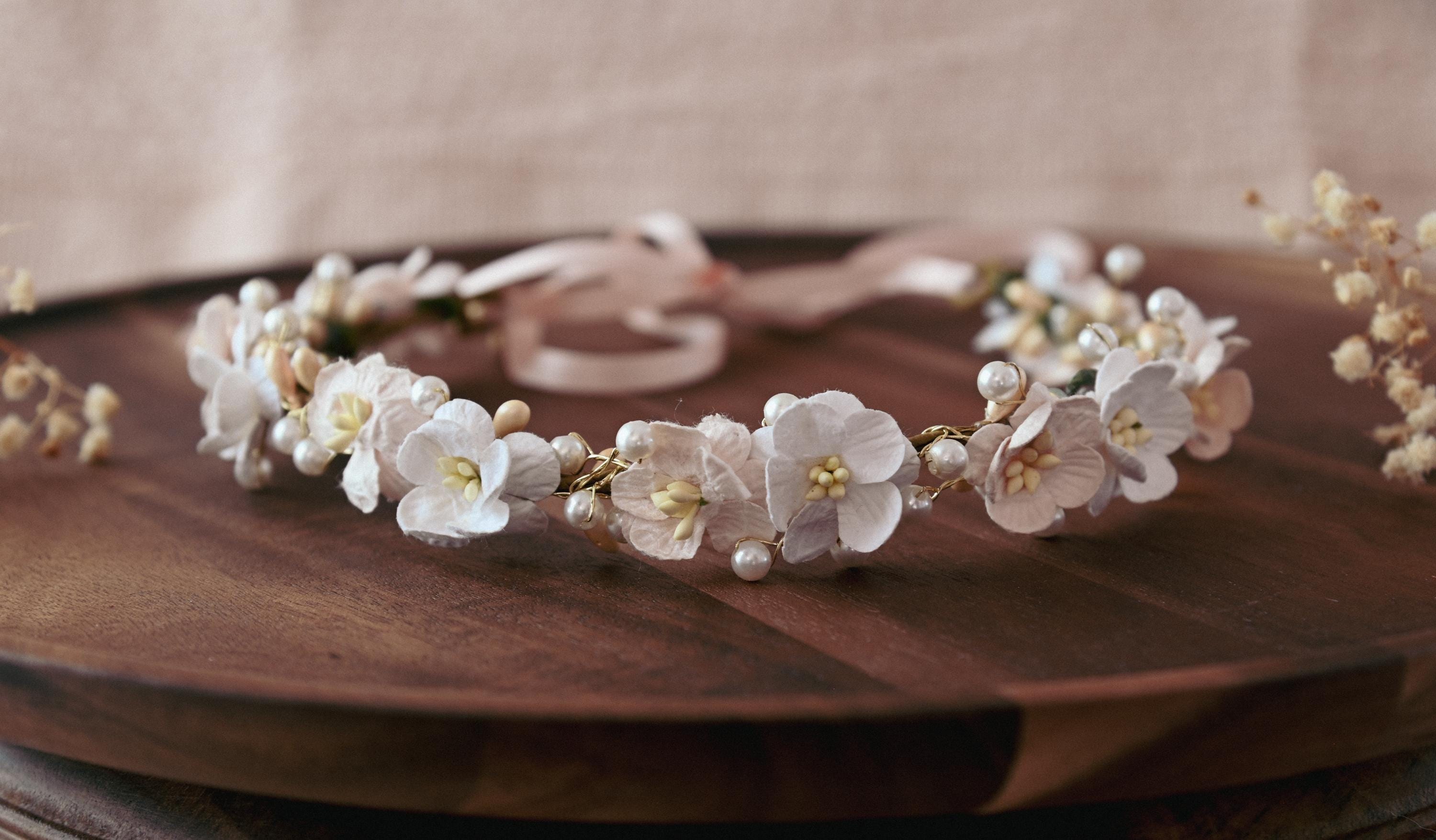 Pearl White Cherry Blossom Bridal Crown – Bridal Headpiece Bloomsbury Ivory Ceramic Flower and Pearl Wedding Tiara main image 4