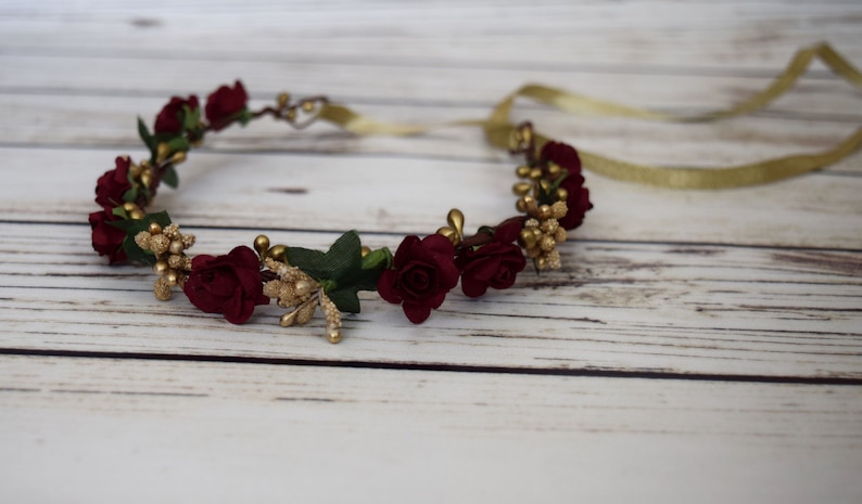 Handcrafted Burgundy and Gold Flower Crown Wedding Hair, Bridal Flower Crown, Wine Floral Crown,Bridesmaid Hair Wreath Boho Flower Girl Halo image 6