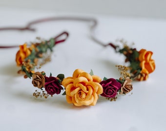 Handcrafted Fall Marigold Maroon Burgundy and Copper Flower Crown, Autumn Wedding, Flower Girl Headband, Bridal Hair Accessory, Boho Fairy