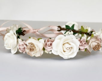 Handcrafted Boho Ivory Champagne and Blush Flower Crown, Bridal Floral Halo, Small Rustic Rose Headband, Beige Bohemian Bride Hair Accessory