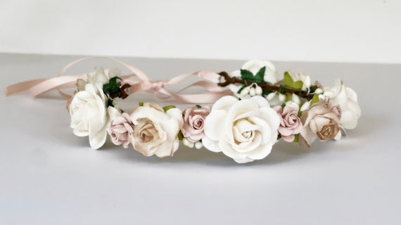 Handcrafted Rustic Blush Flower Crown, Champagne Ivory  display picture 1