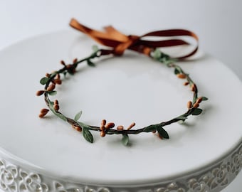 Handcrafted Copper and Green Simple Crown, Minimalist Wedding, Small Brown Floral Wreath, Rustic Bridesmaid, Boho Headband