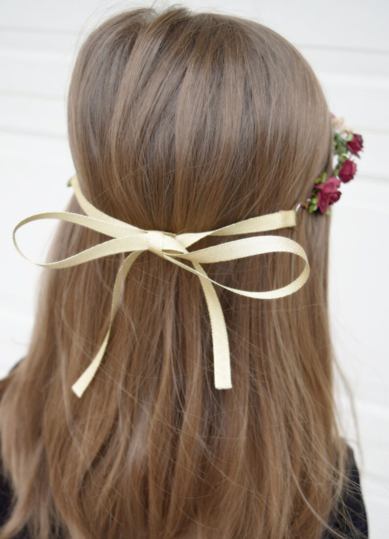 Handcrafted Burgundy and Gold Flower Crown Wedding Hair, Bridal Flower Crown, Wine Floral Crown,Bridesmaid Hair Wreath Boho Flower Girl Halo image 8