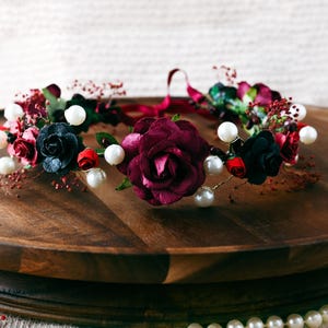 The Lilith Crown, Night Goddess Flower Headband, Black Burgundy Red Rose Hair Accessory, Halloween Fairy Costume Wreath, Queen of Darkness