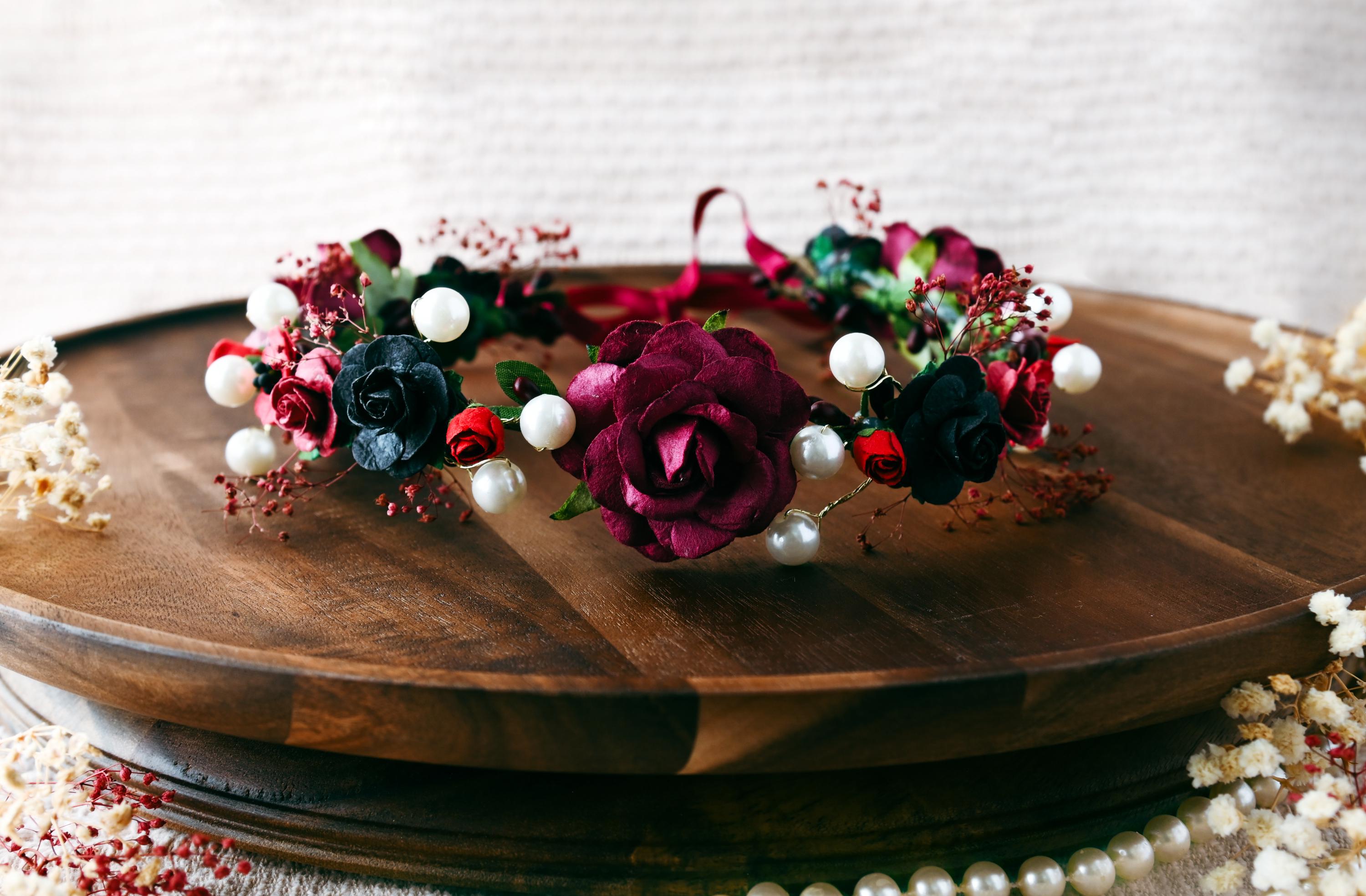 Burgundy Rose Flower Crown Floral Headband Wedding Festival Costume Accessory Rose Flower Crown Headwear Girls main image 4