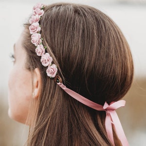 Handcrafted Dusty Rose Flower Crown, Mauve Wedding Hair Wreath, Bridal Headband, Small Flower Girl Halo, Vintage Pink Bridesmaid Accessory image 2