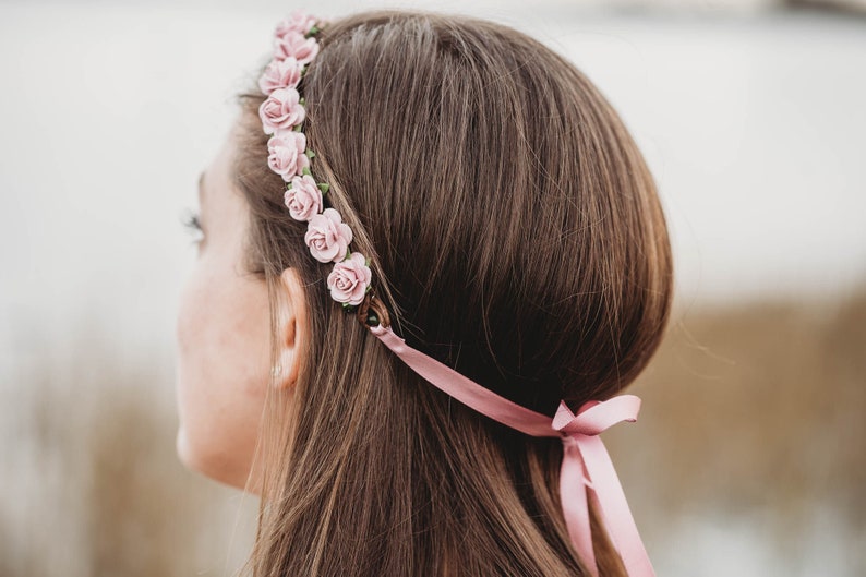 Handcrafted Dusty Rose Flower Crown, Mauve Wedding Hair Wreath, Bridal Headband, Small Flower Girl Halo, Vintage Pink Bridesmaid Accessory image 2