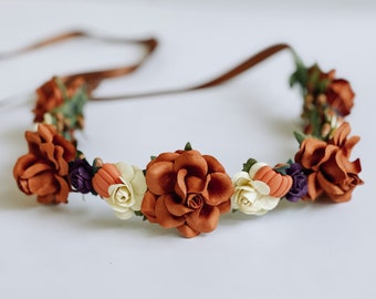 Handcrafted Pumpkin Flower Crown, Copper Yellow Dark Purple Floral Wreath, Fall Fashion, Pumpkin Patch Hair Accessory, Autumn Headband