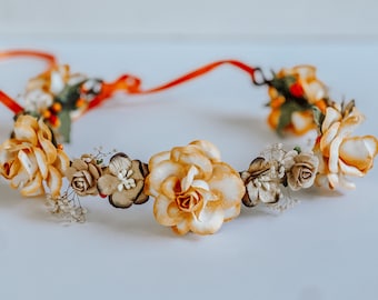 Handcrafted Orange and Brown Fall Flower Crown, Autumn Woodland Floral Wreath, Dried Babys Breath Hair Accessory, Small Tan Rose Headband