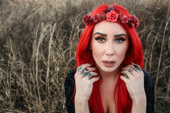 Handcrafted Beautiful Varying Red Flower Crown, Mulberry and  display picture 1