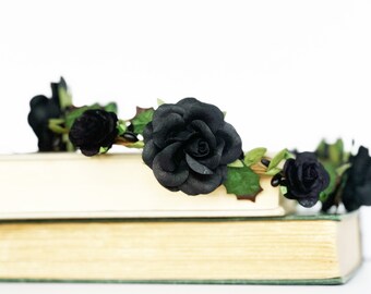 Handcrafted Gothic Black Flower Crown, Black Roses with Green Leaves Hair Accessory, Moody Wedding Bridal Wreath, Renaissance Medieval