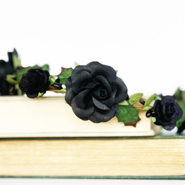 Handcrafted Gothic Black Flower Crown, Black Roses with Green Leaves Hair Accessory, Moody Wedding Bridal Wreath, Renaissance Medieval