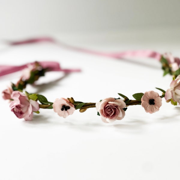 Handcrafted Vintage Pink Flower Crown, Mauve Wedding Headband, Boho Bridal Hair Accessory, Rustic Dusty Rose Anemone Floral Garland Wreath