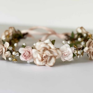 Handcrafted Beige Champagne and Blush Flower Crown, Bridal Floral Hair Accessory, Pearl Halo Rustic Flower Girl Tiara Small Wedding Headband