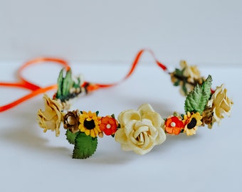 Handcrafted Honey Sunflower Flower Crown, Fall Floral Wreath, Bridal Hair Accessory, Autumn Orange Gold Headband, Flower Girl Halo Leaves