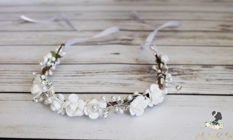 Handcrafted Small White Rose Flower Girl Crown, Pearl Bridal Tiara, Floral Wedding Hair Wreath, Crystal Headband, Vintage First Communion image 2