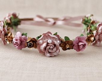 The Golden Rule Rose Flower Crown of Mauve and Gold