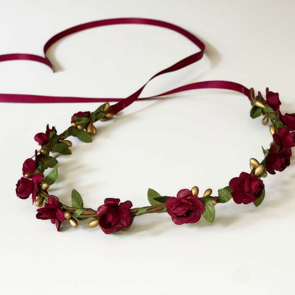 Handcrafted Burgundy Wine and Gold Flower Crown, Wedding Hair Accessories, Green Leaf Headband, Adult Floral Wreath, Small Rose Berry Wreath
