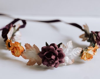 Handcrafted Plum Purple and Orange Fall Flower Crown, Autumn Maple Leaf Floral Wreath, Sunflower Hair Accessory, Flower Girl Halo, Woodland