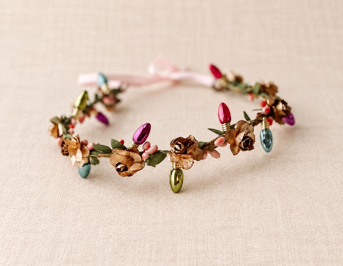 Handcrafted Gold Christmas Light Flower Crown