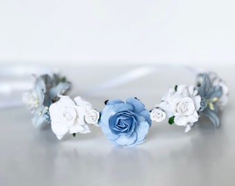 Handcrafted Light Blue and White Flower Crown, Garden Wedding, Festival Fashion, Dusty Blue Bridal, Lily Rose Floral Wreath, Something Blue