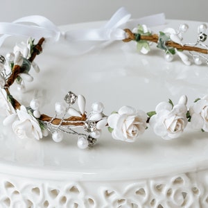 Handcrafted Small White Rose Flower Girl Crown, Pearl Bridal Tiara, Floral Wedding Hair Wreath, Crystal Headband, Vintage First Communion image 1