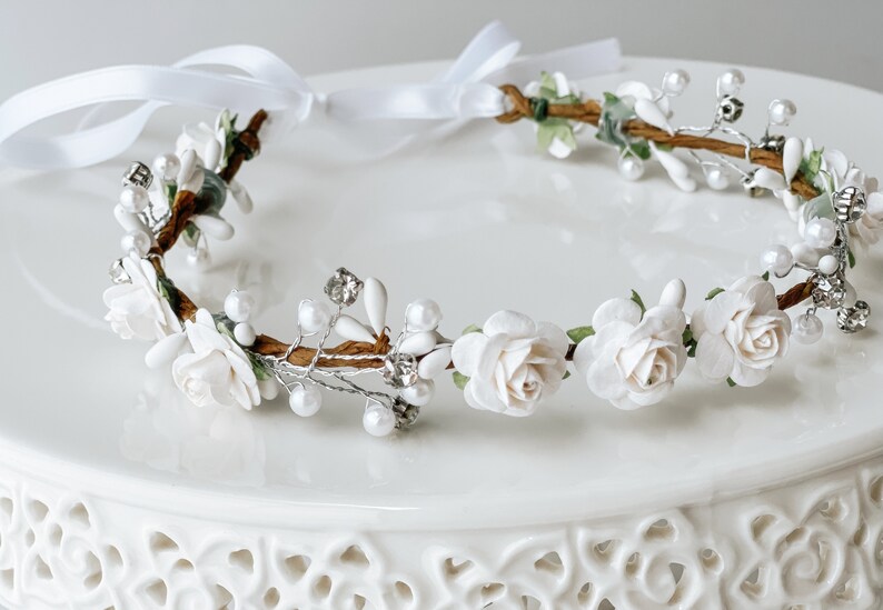 Handcrafted Small White Rose Flower Girl Crown, Pearl Bridal Tiara, Floral Wedding Hair Wreath, Crystal Headband, Vintage First Communion image 1