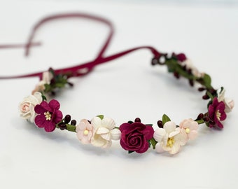 Handcrafted Wine and Blush Flower Crown, Wedding Wreath, Bridal Headband, Blushing Pink Floral Halo, Flower Girl Crown, Rustic Wedding Hair