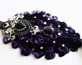 Handcrafted Wicked Purple and Black 20s Headband, Halloween Crystal Feather Hair Accessory, Roaring Twenties Headpiece, Art Deco Adult Bows