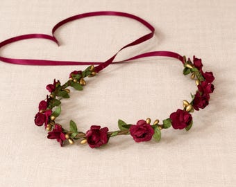 Handcrafted Small Burgundy Wine and Gold Leaf Flower Crown