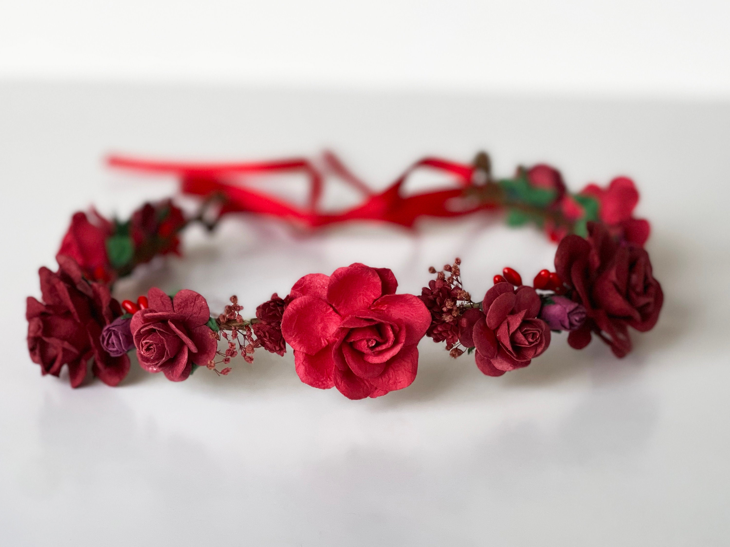 Handcrafted Beautiful Varying Red Flower Crown, Mulberry and  display picture 3
