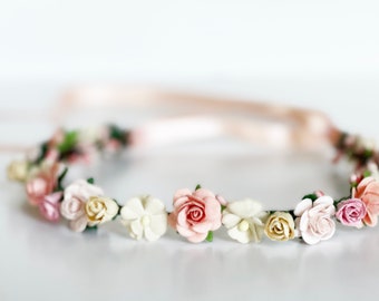 Handcrafted Peach and Cream Flower Crown, Pink Wedding Crown, Flower Girl Halo, Summer Beach Wedding, Bridal Headband, Boho Rustic Accessory