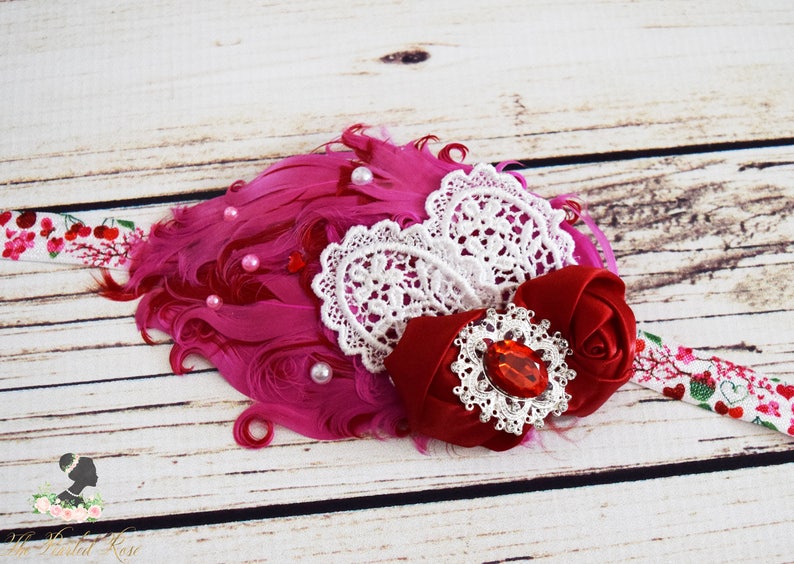 Red and Pink 1920s Headband Great Gatsby Feather Headband Rhinestone Headband Vintage Style Lace Hair Piece Pink Feather Headband