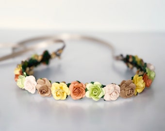 Handcrafted Rustic Spring Flower Crown, Wedding Crown, Boho Fashion, Orange Green Yellow Beige Brown Peach Blush Hair Accessories, Fairy