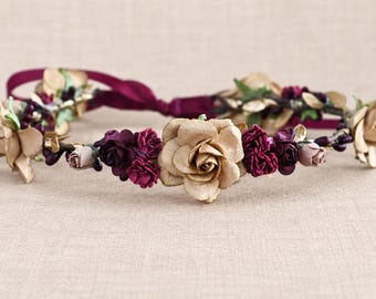 The Gilded Dusk Flower Crown of Antique Gold Burgundy and Copper