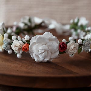 Handcrafted Rainbow Harmony Flower Crown with White Roses, Pearl Bridal Headband, PRIDE Hair Accessory, Colorful Wedding Halo