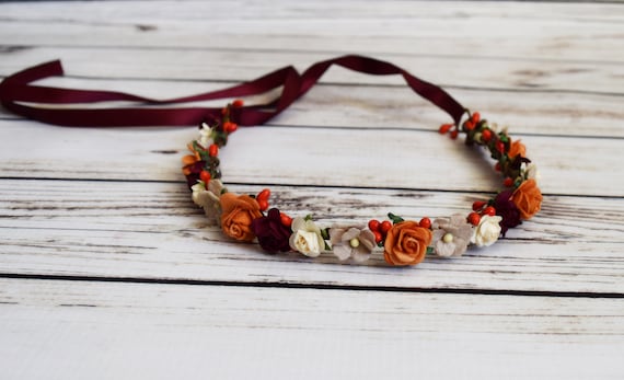 Small Fall Flower Crown Autumn Wedding Hair Orange Etsy