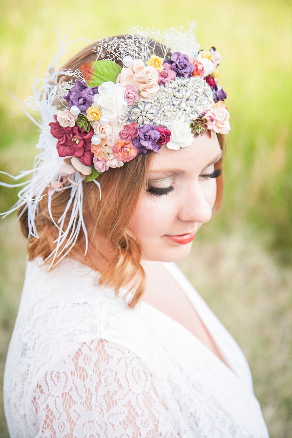 Romantic Vintage Flower Crown of Blush, Burgundy Plum Floral  display picture 1