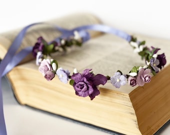 Handcrafted Mixed Purple Flower Crown, Lilac Garden Wedding Garland, Lavender Bridal Hair Wreath, Aubergine Flower Girl Halo, Plum Headband