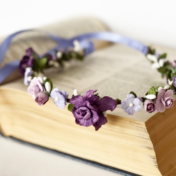 Handcrafted Mixed Purple Flower Crown, Lilac Garden Wedding Garland, Lavender Bridal Hair Wreath, Aubergine Flower Girl Halo, Plum Headband