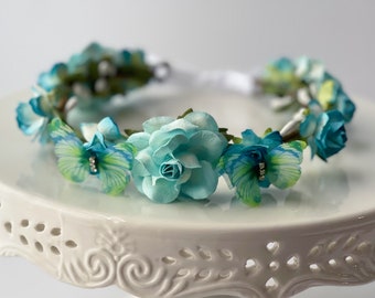 Handcrafted Turquoise and Aqua Blue Butterfly Flower Crown, Fairy Garden Birthday Girls Gift, Small Floral Headband, Green Whimsical Hair