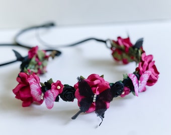 Handcrafted Hot Pink and Black Butterfly Flower Crown, Halloween Fairy Costume, Girls Hair Accessory, Woodland Wreath, Dark Cottagecore