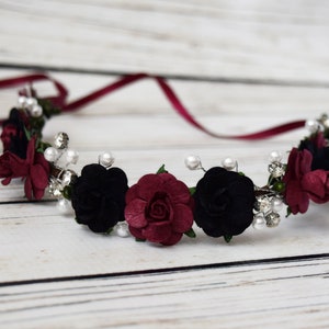 Handcrafted Burgundy and Black Flower Crown, Bridal Pearl Headband, Burgundy Wedding Hair, Pearl Floral Headpiece, Black Flower Girl Crown