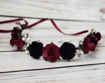 Handcrafted Burgundy and Black Flower Crown, Bridal Pearl Headband, Burgundy Wedding Hair, Pearl Floral Headpiece, Black Flower Girl Crown